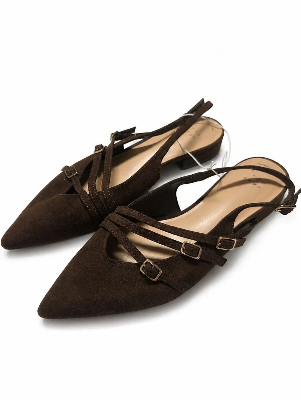 A New Day Twiggy Brown Multi Buckle Pointed Toe Flats Size 7.5 NWT